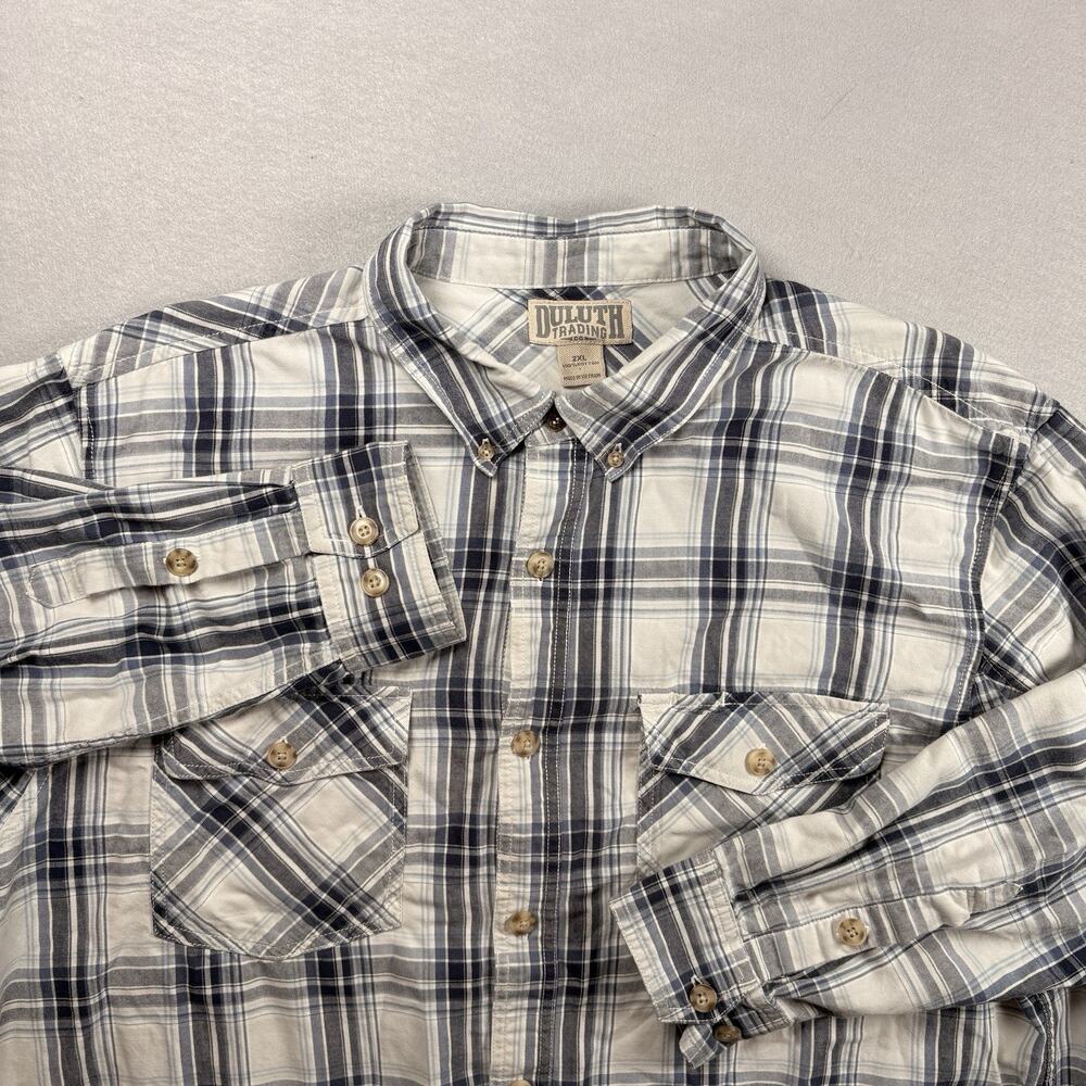 Duluth Trading Co Men's 2XL Cream Navy Plaid Flannel Button Down Shirt